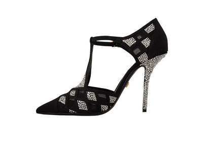 Dolce &amp; Gabbana Schwarze Kristalle T-Riemen Heels Pumps Schuhe