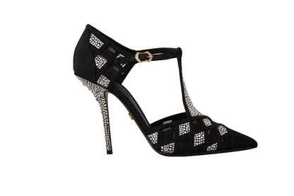 Dolce &amp; Gabbana Schwarze Kristalle T-Riemen Heels Pumps Schuhe