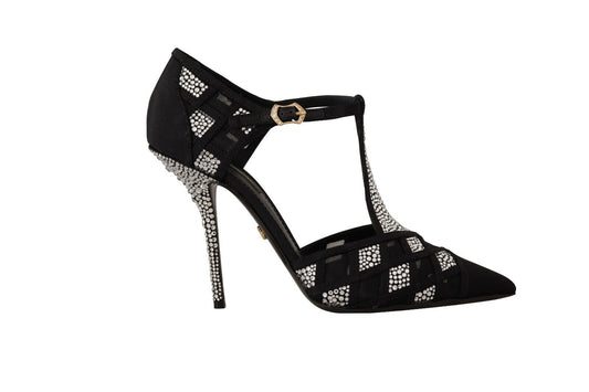Dolce &amp; Gabbana Schwarze Kristalle T-Riemen Heels Pumps Schuhe