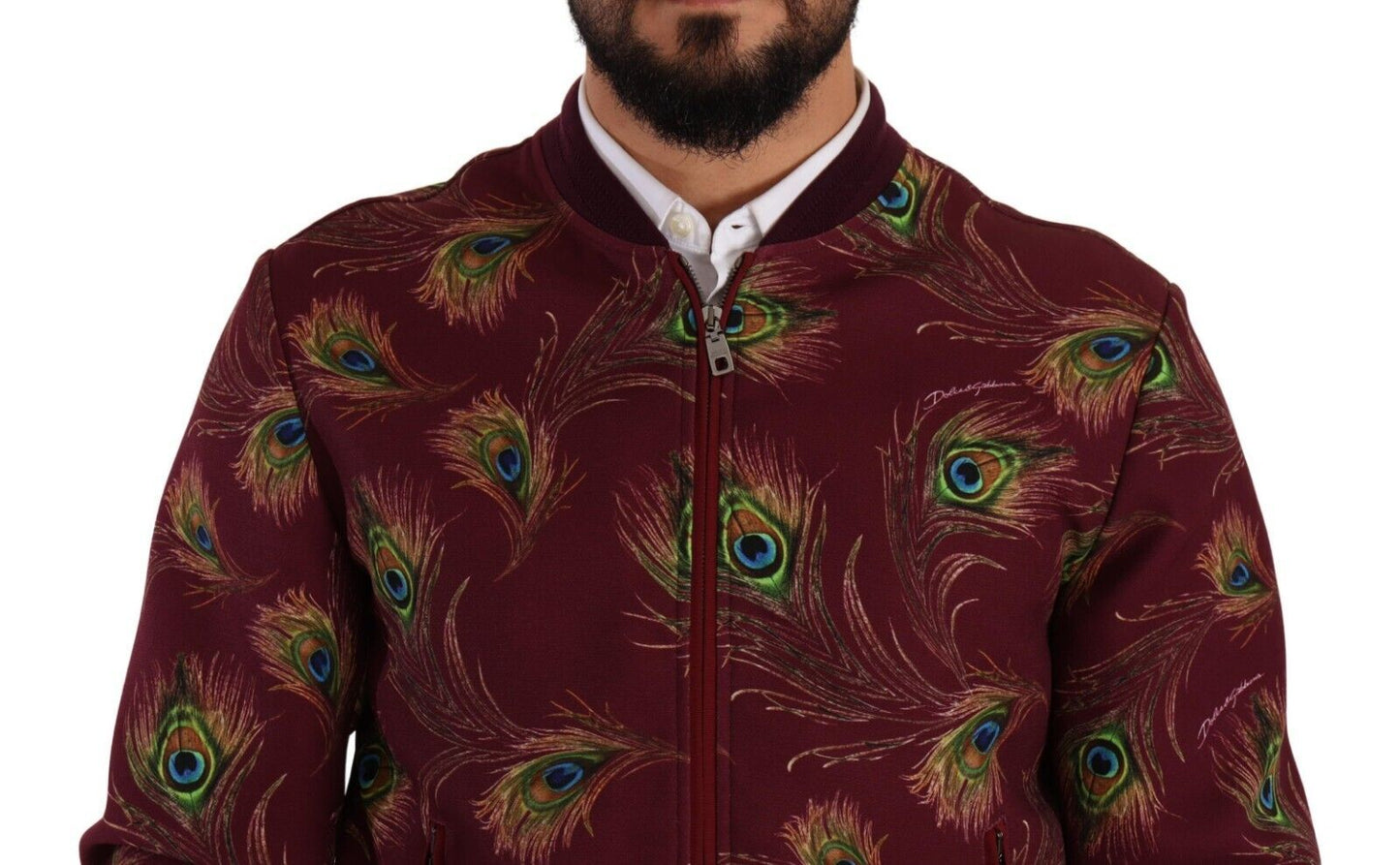 Dolce &amp; Gabbana – Rote Pfauen-Polyester-Stretchjacke mit durchgehendem Reißverschluss