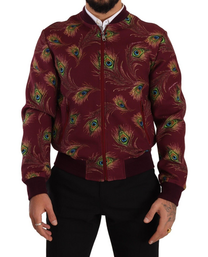Dolce &amp; Gabbana – Rote Pfauen-Polyester-Stretchjacke mit durchgehendem Reißverschluss