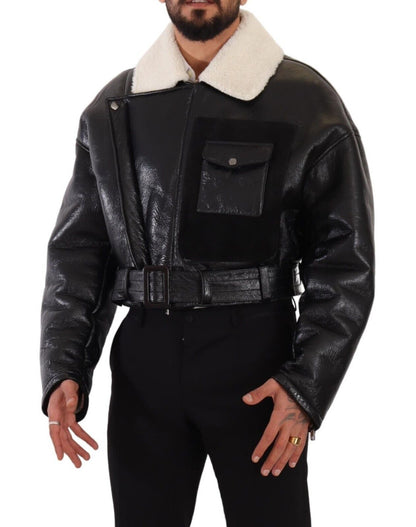 Dolce &amp; Gabbana – Schwarze Bikerjacke aus Leder mit Lammfell