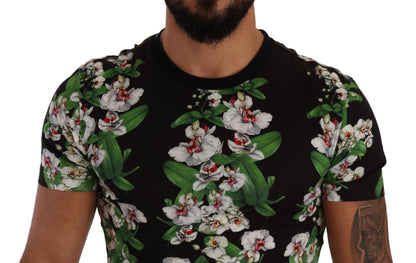 Dolce &amp; Gabbana – Schwarzes T-Shirt mit Rundhalsausschnitt und Blumenmuster