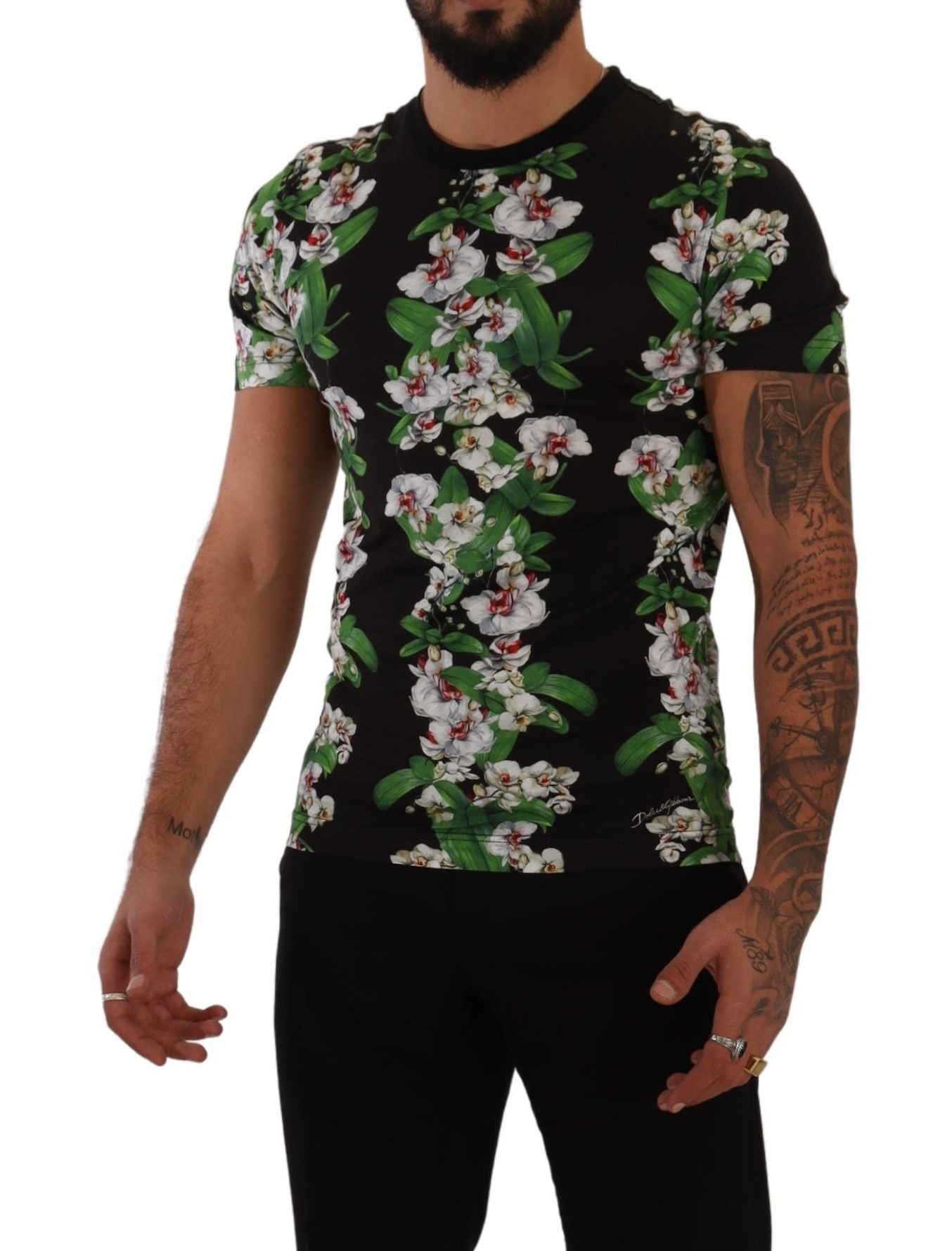 Dolce &amp; Gabbana – Schwarzes T-Shirt mit Rundhalsausschnitt und Blumenmuster