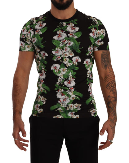 Dolce &amp; Gabbana – Schwarzes T-Shirt mit Rundhalsausschnitt und Blumenmuster