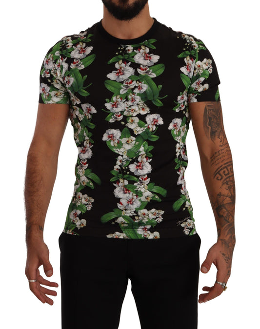 Dolce &amp; Gabbana – Schwarzes T-Shirt mit Rundhalsausschnitt und Blumenmuster