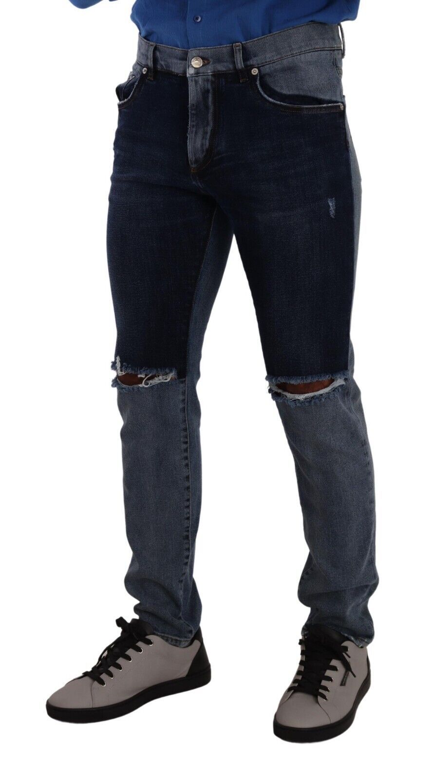 Dolce &amp; Gabbana – Zweifarbige Slim-Jeans aus zerfetzter Baumwolle in Blau