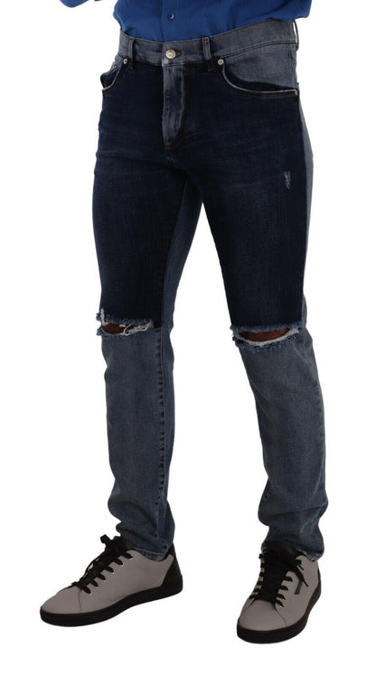 Dolce &amp; Gabbana – Zweifarbige Slim-Jeans aus zerfetzter Baumwolle in Blau