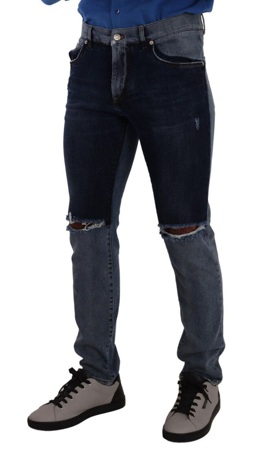 Dolce &amp; Gabbana – Zweifarbige Slim-Jeans aus zerfetzter Baumwolle in Blau