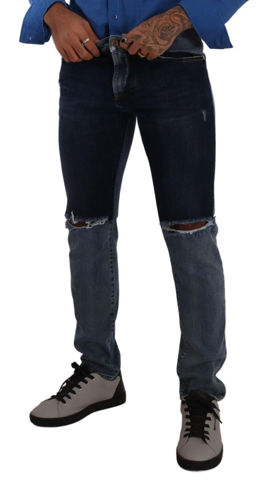 Dolce &amp; Gabbana – Zweifarbige Slim-Jeans aus zerfetzter Baumwolle in Blau