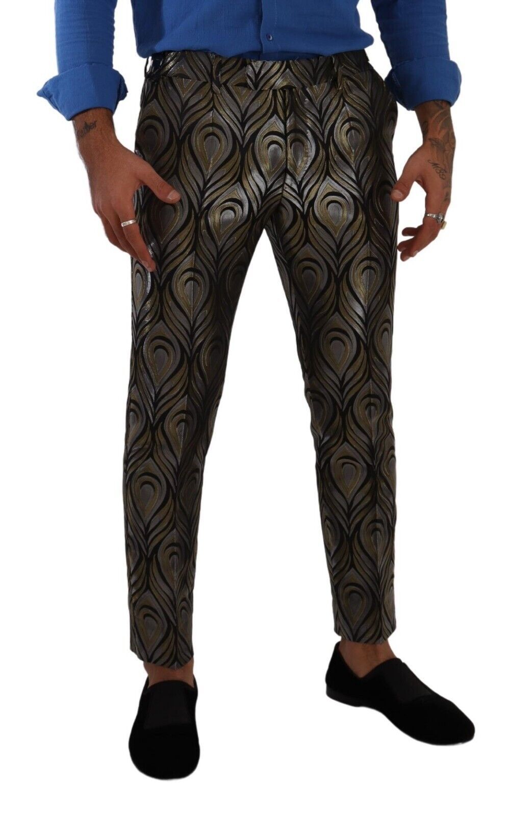 Dolce &amp; Gabbana Silber Gold Jacquard Herren Hose Anzughose