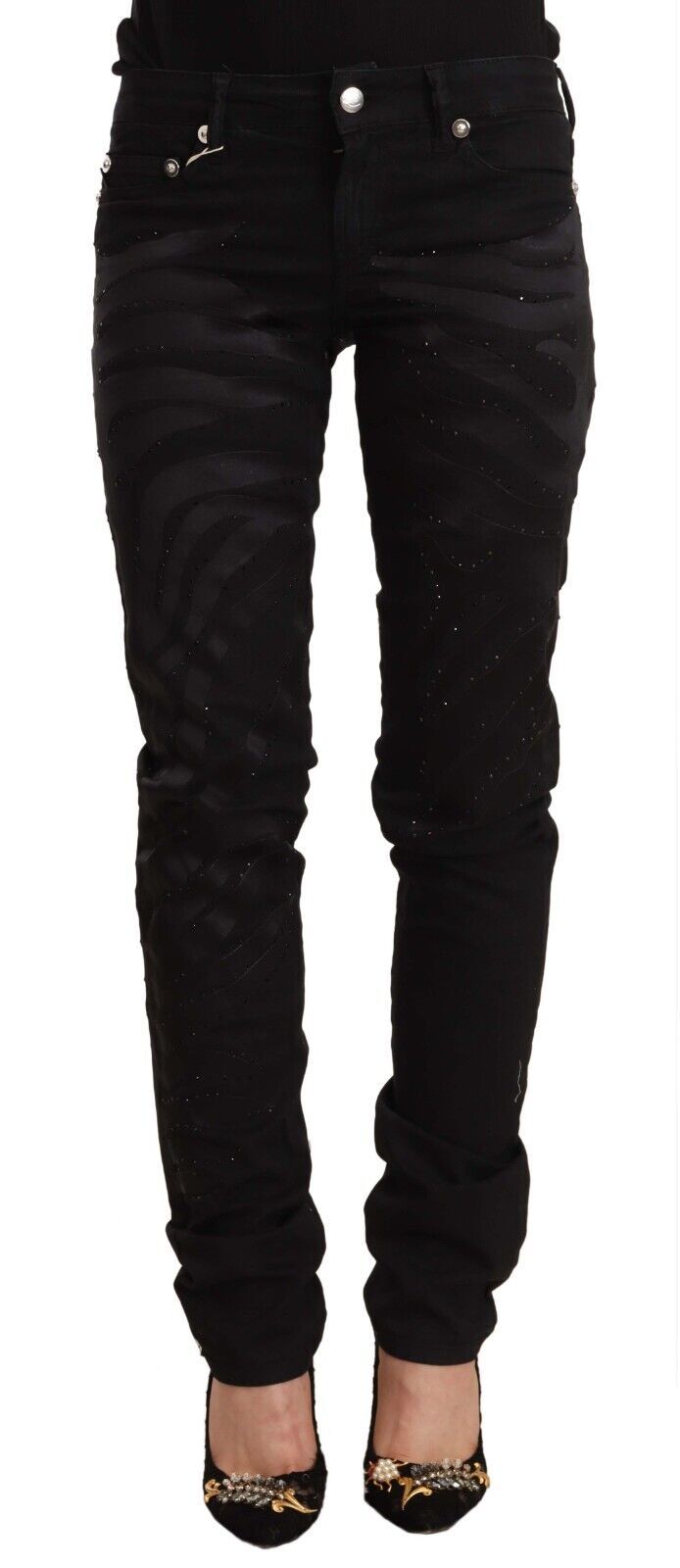 Just Cavalli – Schwarze Skinny-Jeans mit Verzierung und mittlerer Taille