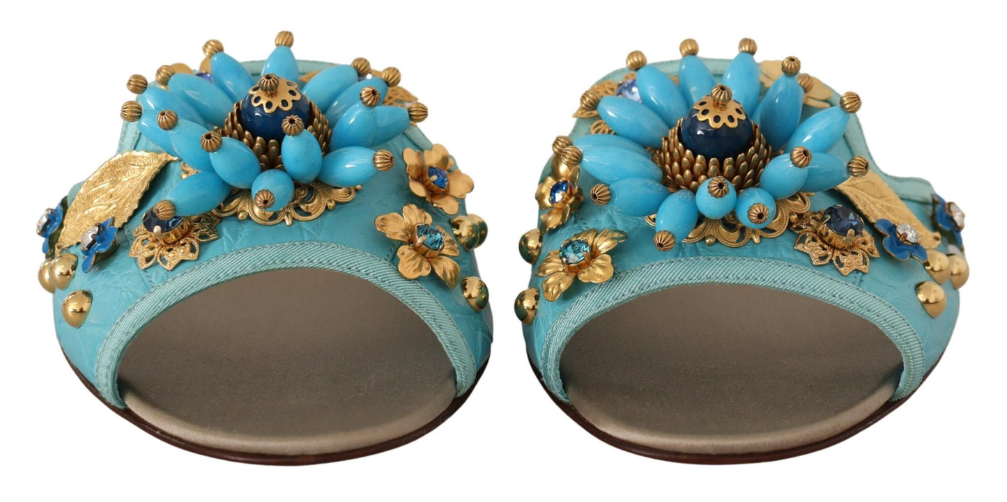 Dolce &amp; Gabbana Blaue Kristallsandalen aus exotischem Leder mit blauen Kristallen