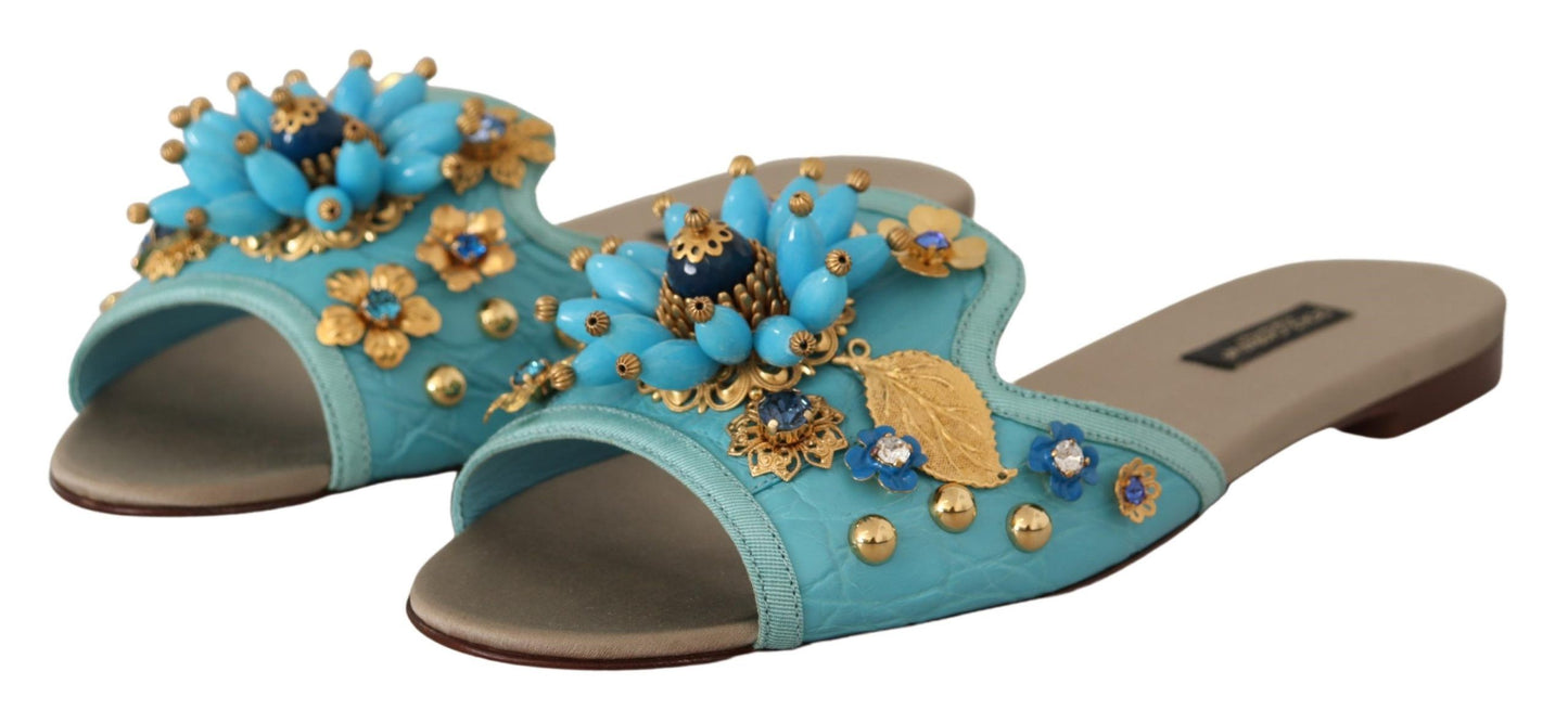 Dolce &amp; Gabbana Blaue Kristallsandalen aus exotischem Leder mit blauen Kristallen