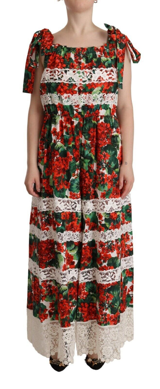 Dolce &amp; Gabbana – Langes Maxikleid aus Spitze mit mehrfarbigem Geranien-Print