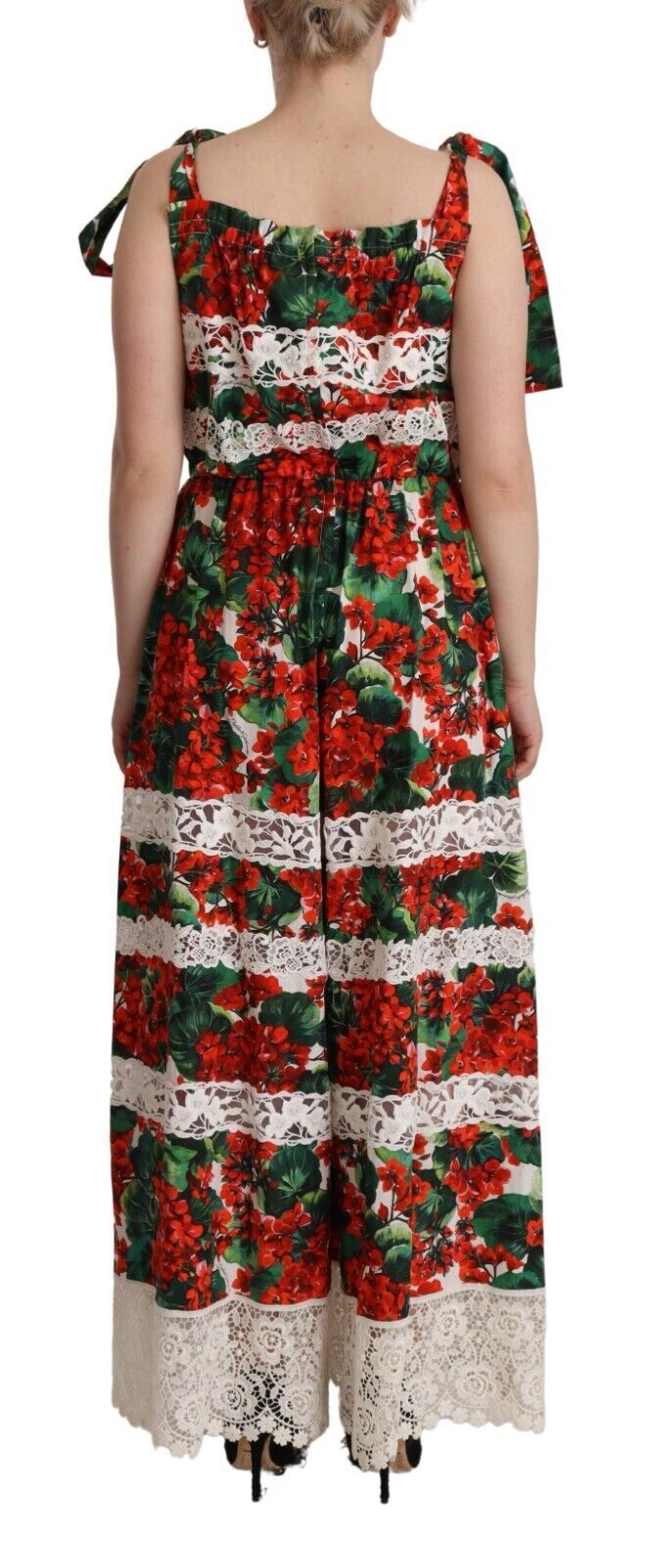 Dolce &amp; Gabbana – Langes Maxikleid aus Spitze mit mehrfarbigem Geranien-Print