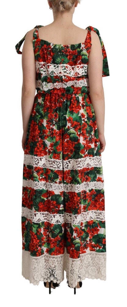 Dolce &amp; Gabbana – Langes Maxikleid aus Spitze mit mehrfarbigem Geranien-Print