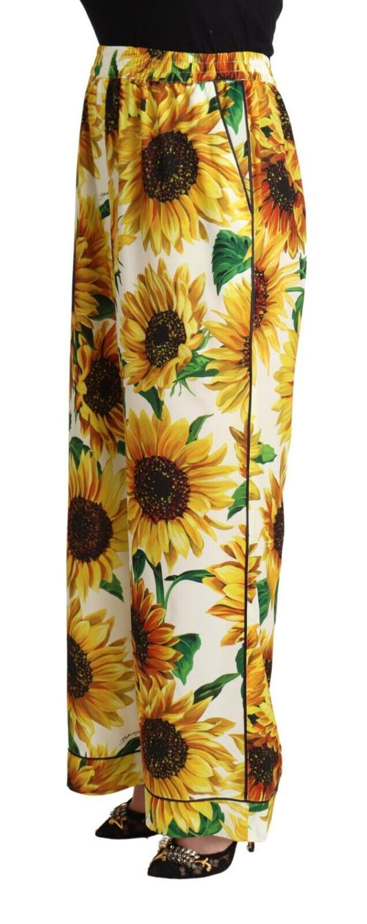 Dolce &amp; Gabbana – Weiße Hose mit weitem Bein und Sonnenblumen-Print, mittlere Taille