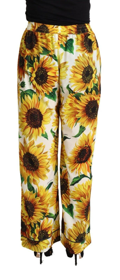 Dolce &amp; Gabbana – Weiße Hose mit weitem Bein und Sonnenblumen-Print, mittlere Taille