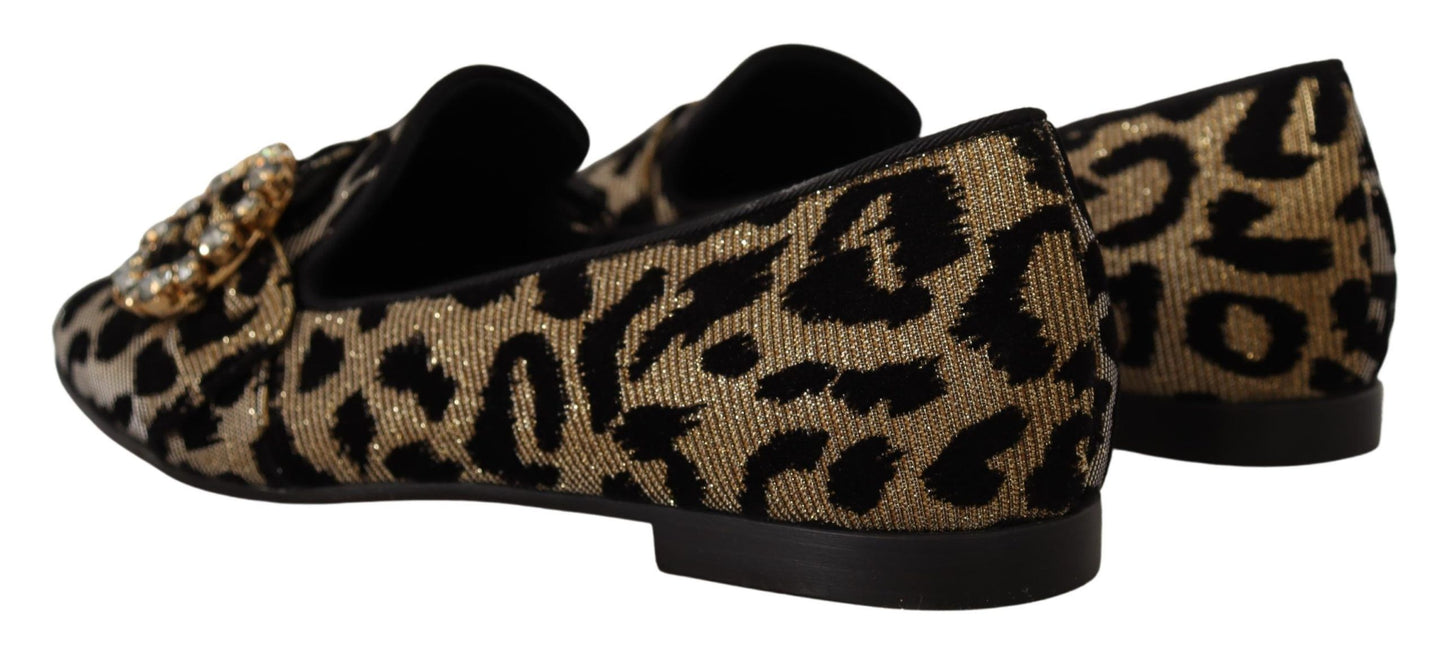 Dolce &amp; Gabbana – Loafer-Schuhe mit goldenem Leopardenmuster und Kristallen