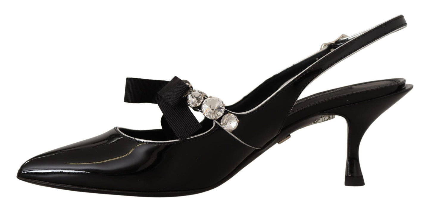Dolce &amp; Gabbana – Slingback-Schuhe aus schwarzem Lackleder mit Kristallen
