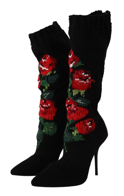Dolce &amp; Gabbana Schwarze Stretch-Socken Rote Rosen Booties Schuhe