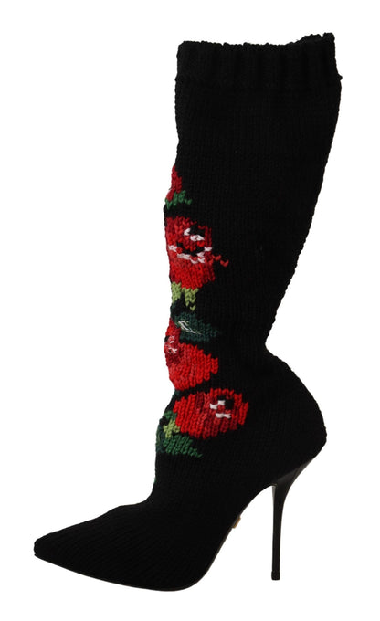 Dolce &amp; Gabbana Schwarze Stretch-Socken Rote Rosen Booties Schuhe