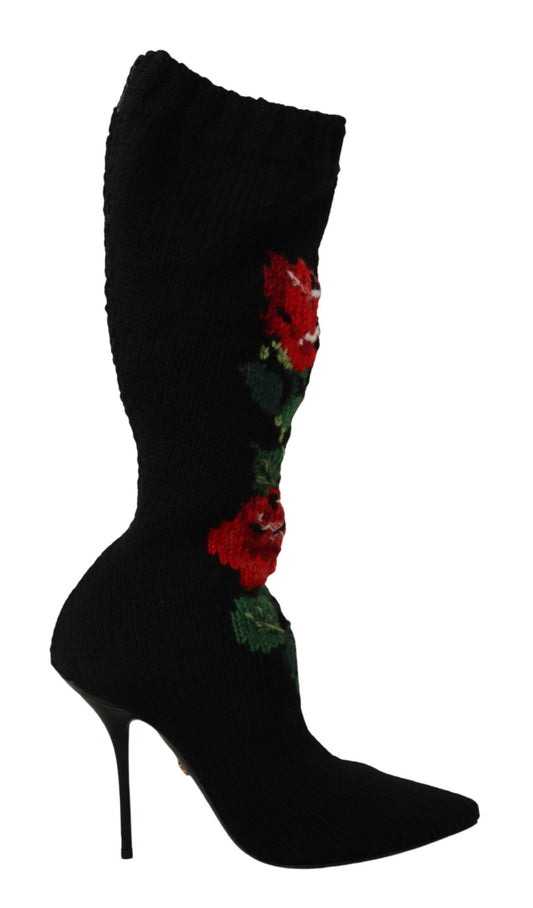 Dolce &amp; Gabbana Schwarze Stretch-Socken Rote Rosen Booties Schuhe