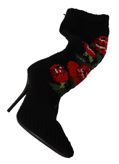 Dolce &amp; Gabbana Schwarze Stretch-Socken Rote Rosen Booties Schuhe