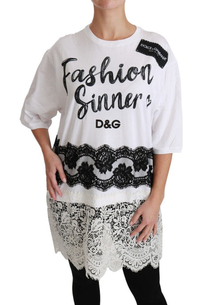 Dolce &amp; Gabbana – Weißes T-Shirt mit Baumwollspitze „Fashion Sinner“
