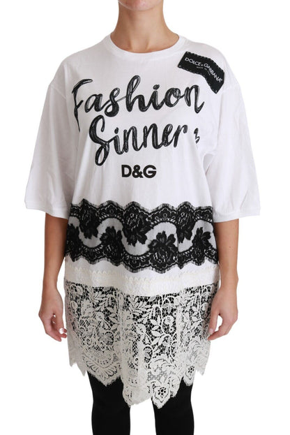 Dolce &amp; Gabbana – Weißes T-Shirt mit Baumwollspitze „Fashion Sinner“