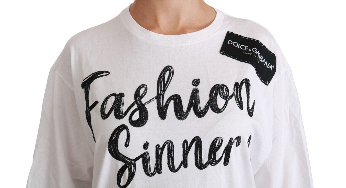 Dolce &amp; Gabbana – Weißes T-Shirt mit Baumwollspitze „Fashion Sinner“