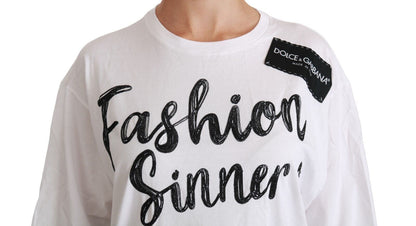 Dolce &amp; Gabbana – Weißes T-Shirt mit Baumwollspitze „Fashion Sinner“