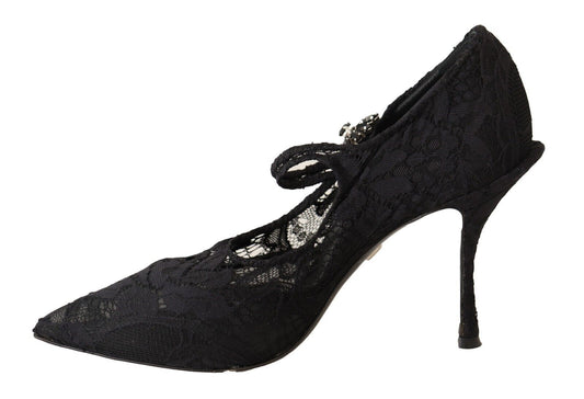Dolce &amp; Gabbana Schwarze Mary Jane Pumps mit Spitzen und Kristallen