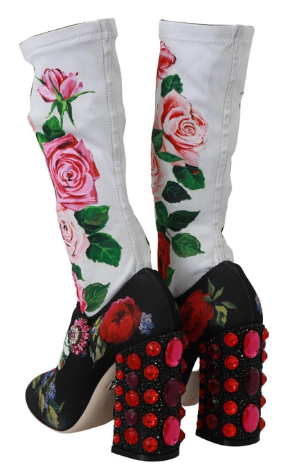 Dolce &amp; Gabbana Schwarze Blumensocken Kristall-Jersey-Stiefel Schuhe