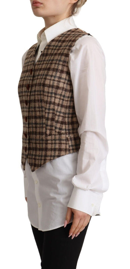 Dolce &amp; Gabbana – Braun kariertes, ärmelloses Trägertop mit V-Ausschnitt und Leopardenmuster