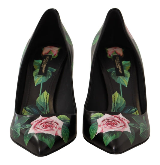 Dolce &amp; Gabbana Schwarze Leder Rosen High Heels Pumps Schuhe