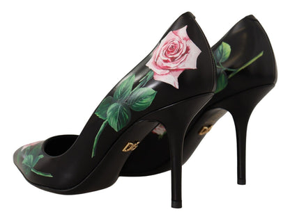 Dolce &amp; Gabbana Schwarze Leder Rosen High Heels Pumps Schuhe