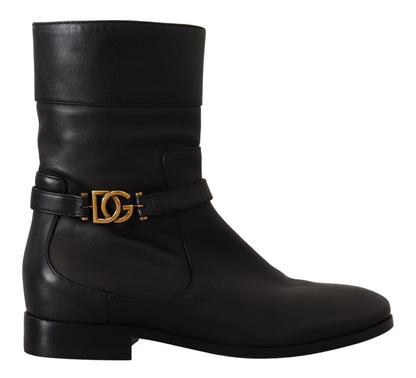 Dolce &amp; Gabbana Schwarze Leder-Flats Logo Kurze Stiefel Schuhe