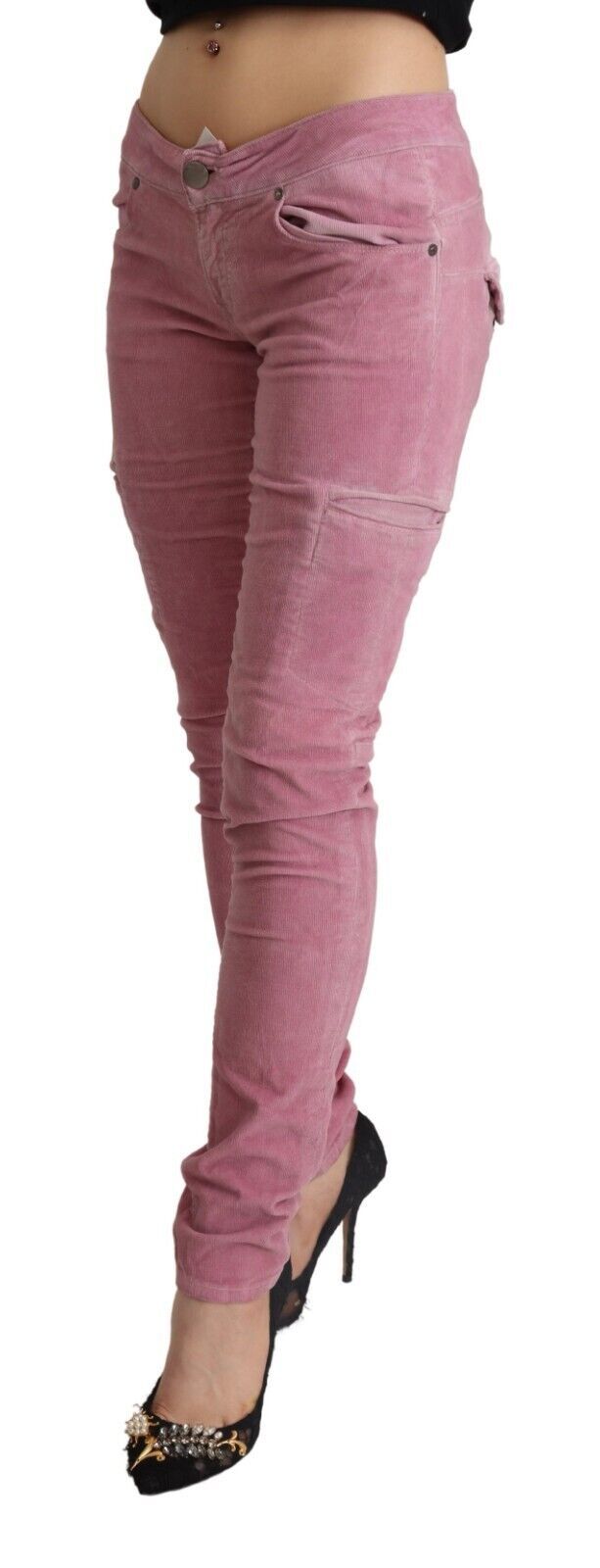 Acht Skinny-Cargo-Jeans aus Baumwolle mit niedriger Taille, Pink
