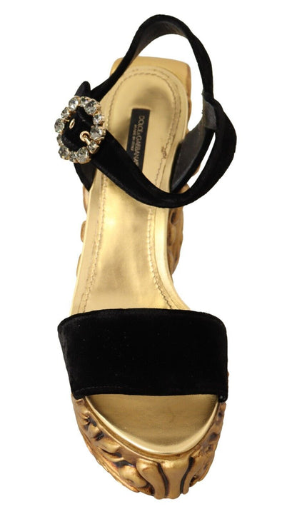 Dolce &amp; Gabbana Schwarzgoldene Barock-Samt-Heels mit Kristallen