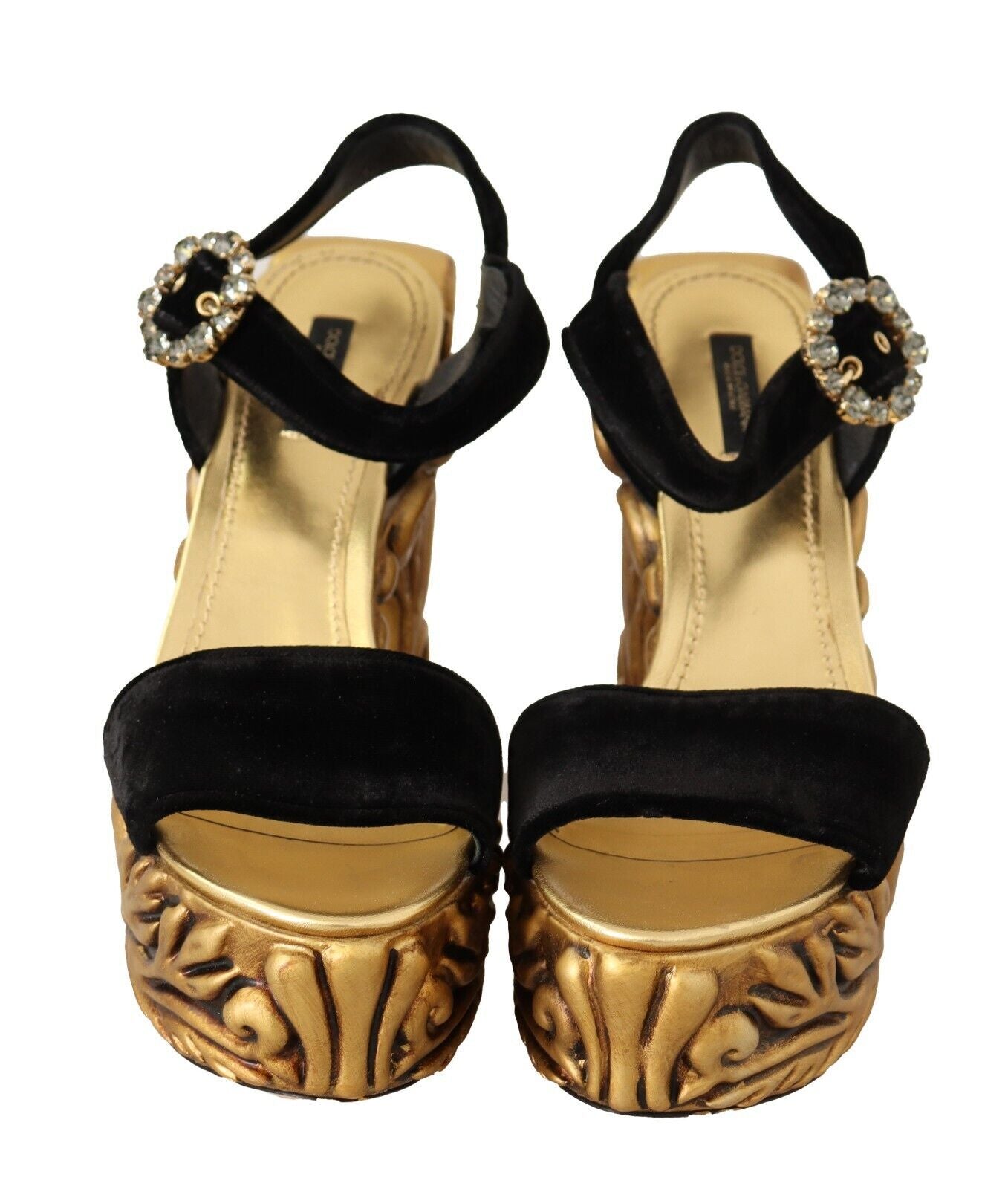 Dolce &amp; Gabbana Schwarzgoldene Barock-Samt-Heels mit Kristallen