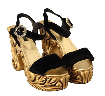 Dolce &amp; Gabbana Schwarzgoldene Barock-Samt-Heels mit Kristallen