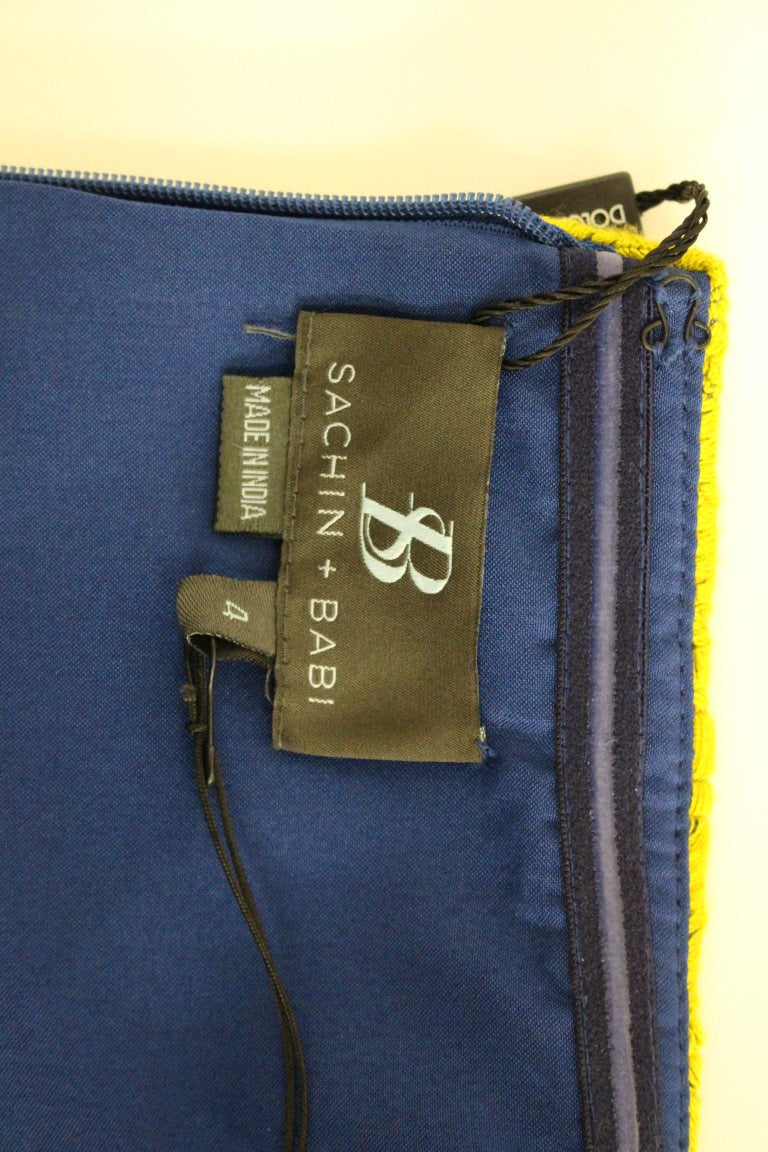Sachin &amp; Babi – Trägerloses Mini-Etuikleid in Blau und Gelb mit Bubble-Muster