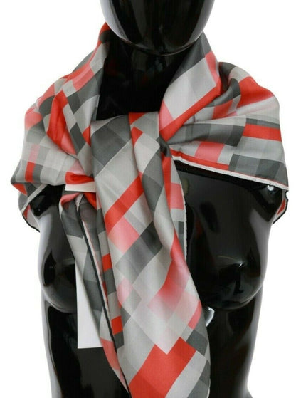 Costume National Grau Rot Seidenschal Foulard Wickelschal