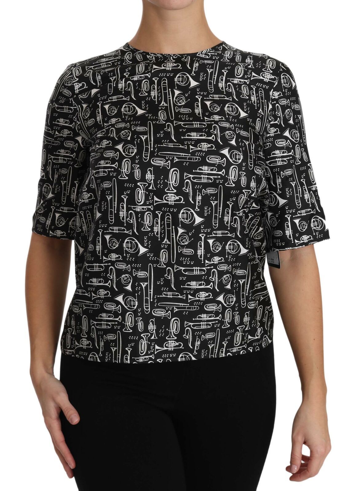 Dolce &amp; Gabbana – Schwarze Seidenbluse mit Musikinstrumenten-Print