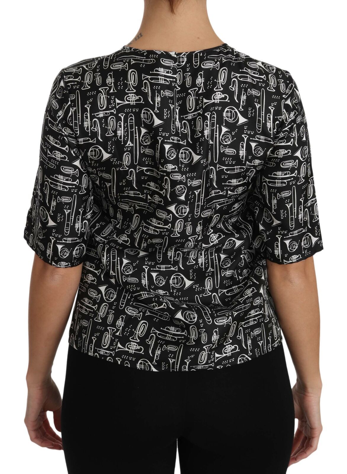 Dolce &amp; Gabbana – Schwarze Seidenbluse mit Musikinstrumenten-Print