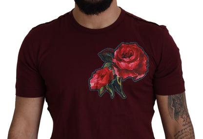 Dolce &amp; Gabbana Bordeaux Roses Baumwoll-T-Shirt mit Rundhalsausschnitt