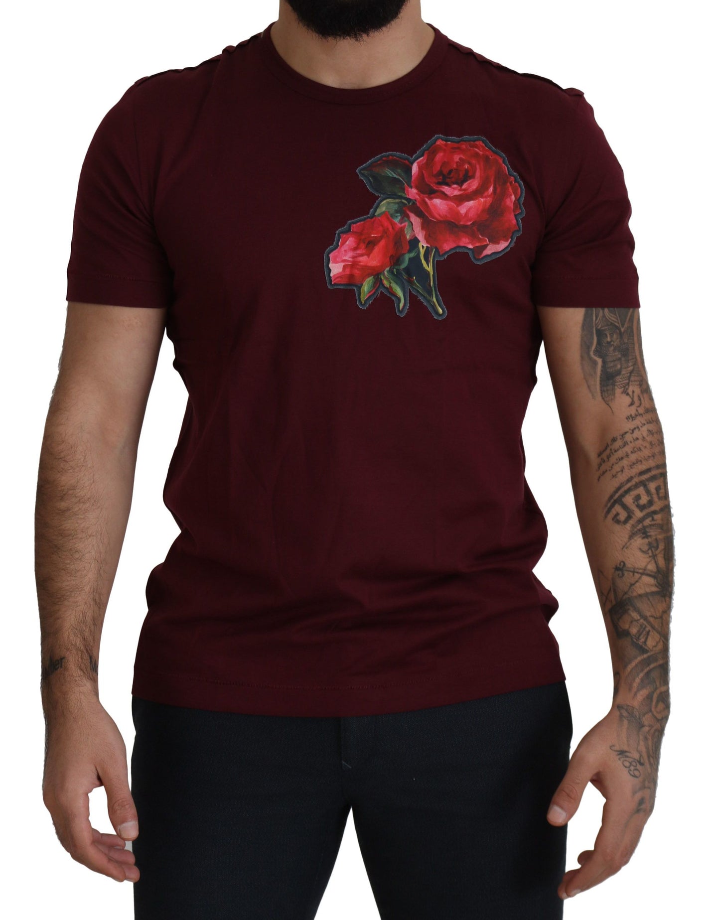Dolce &amp; Gabbana Bordeaux Roses Baumwoll-T-Shirt mit Rundhalsausschnitt