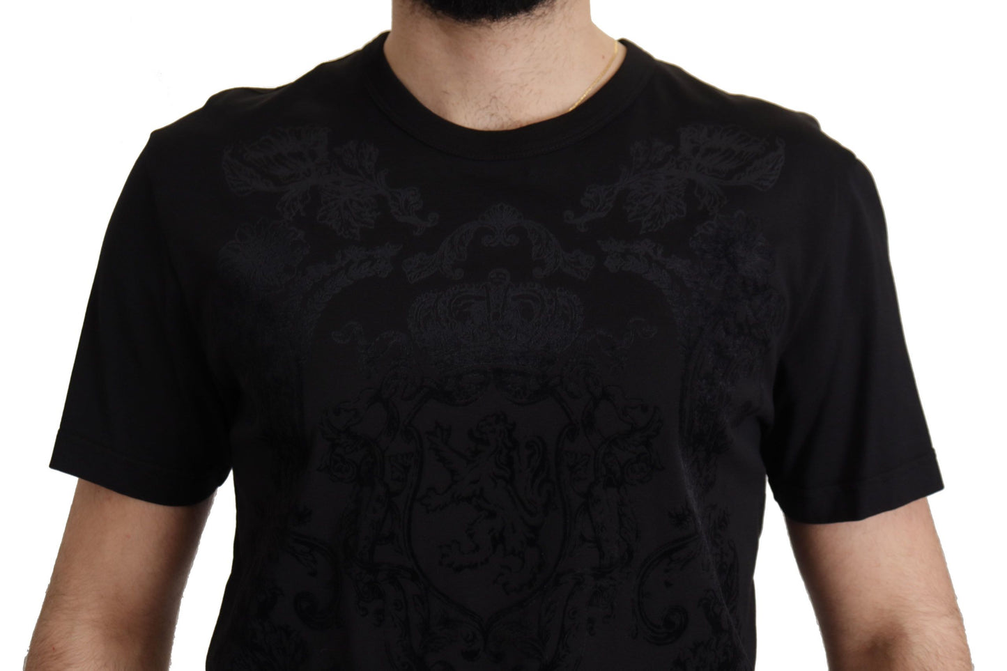Dolce &amp; Gabbana Schwarzes T-Shirt aus Baumwolle mit Rundhalsausschnitt im DG Baroque-Stil